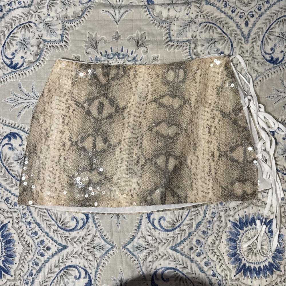 Fashion Nova Cream Sequin Snake Print Mini Skirt
